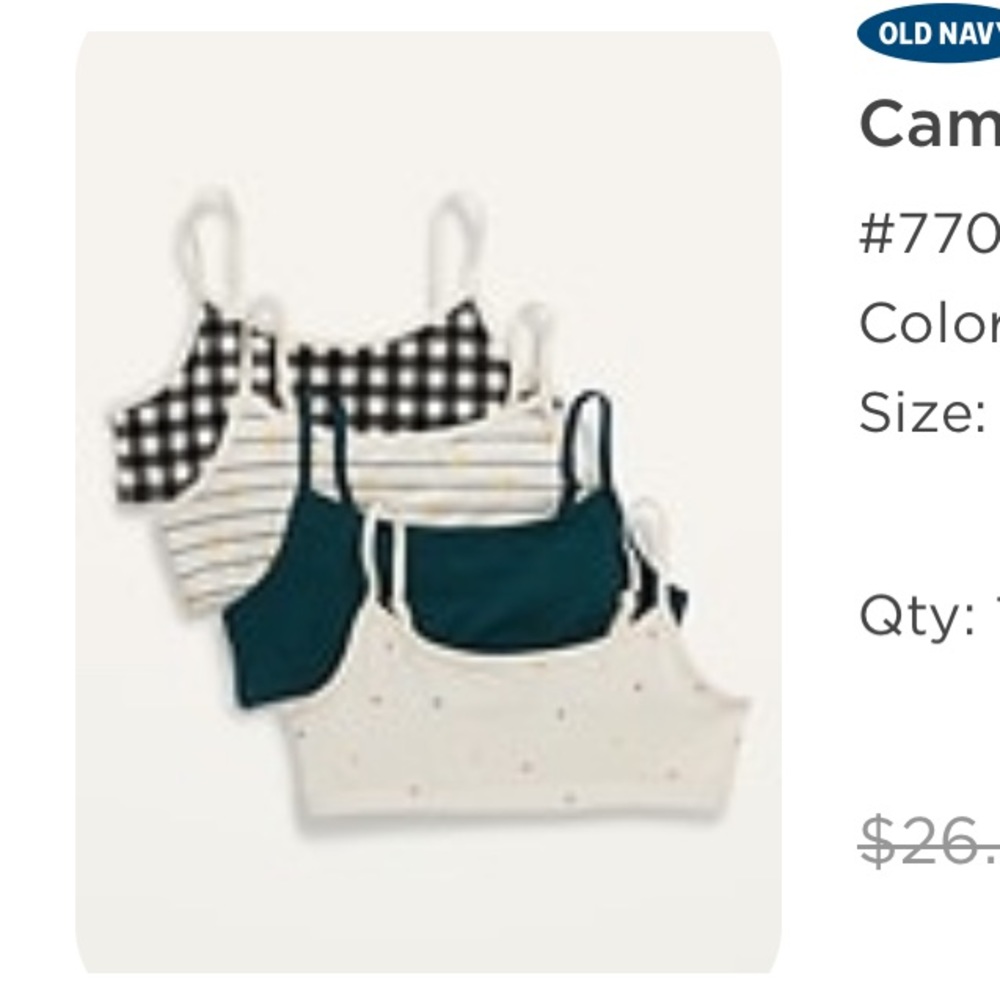 Old Navy cami bra 4 pack for girls size small plaids and solids NEW